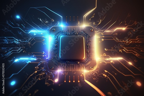 Futuristic microchip processor. Quantum computer, big data processing, database concept. Development of technologies of the future CPU and microprocessors for machine learning, ai	
 photo