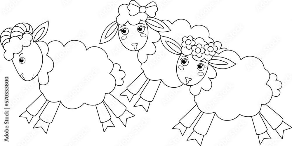 Herd of sheep - vector linear picture for children's coloring. Cute sheep, lambs and rams are running - a children's picture for coloring. Outline.