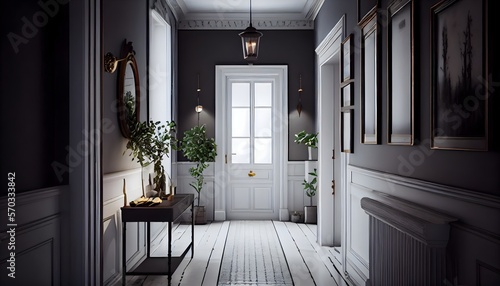 Contemporary nordic home entry hall with polished concrete floors  Scandinavian design  generative ai  with dark and moody black and white color  stylish indoors luxury decorative entryway 