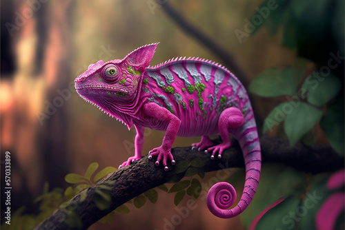 Pink chameleon. Pink iguana. AI generation
