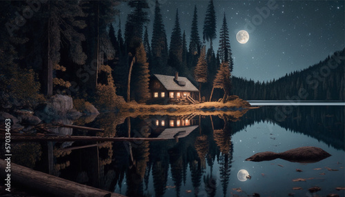 Tela Lakeside house in the forest with moon-generative AI