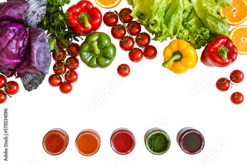 Fresh colorful organic vegetables on isolated png background farming and healthy food concept jars with vegetable sauces top view copy space