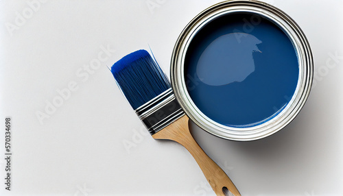 Blauer Farbtopf mit Pinsel isoliert auf weißen Hintergrund mit Platzhalter. Wandfarbe zum Renovieren - Generative Ai