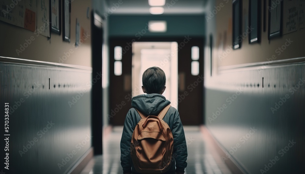 A boy standing alone on an empty school hallway corridor alone digital