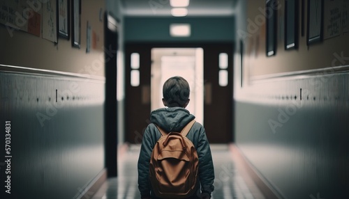 A boy standing alone on an empty school hallway corridor alone digital art design generative ai