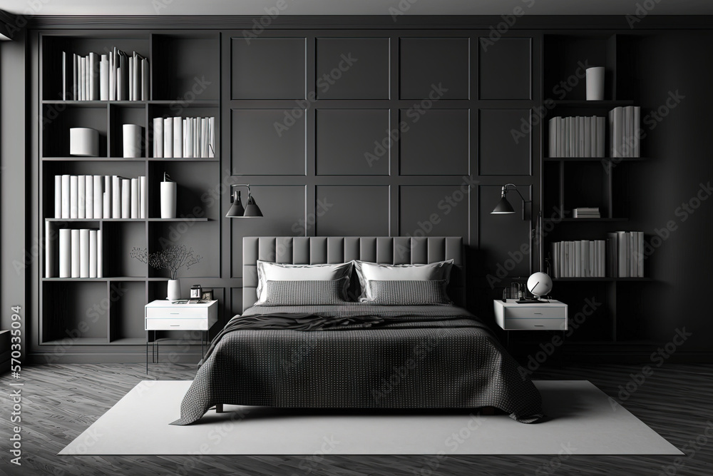 Interior of a luxurious bedroom featuring black and gray walls, a