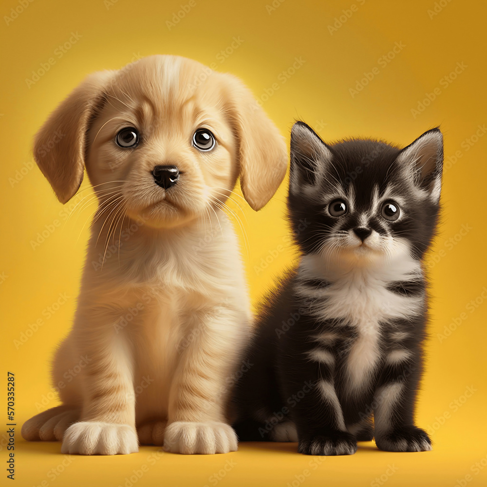 Cute puppy and kitten on yellow background. Ai generative.