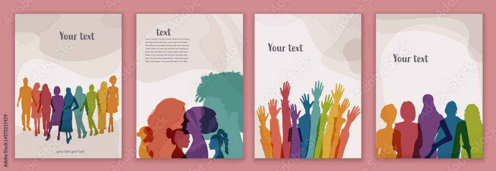 Silhouette group of multicultural women. International Women's day. Female social community of diverse culture.Racial equality.Colleagues.Empowerment or inclusion.Template banner poster - obrazy, fototapety, plakaty 