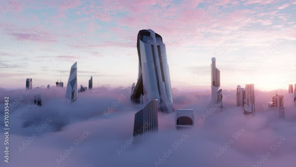 Futuristic City in the clouds with high tech building at cloud level ...