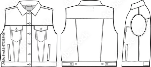Women Oversized denim jean jacket vest cutoff sleeveless Collared Flat Technical Drawing Illustration Blank Mock-up Template for Design and Tech Packs CAD Technical Sketch baggy
