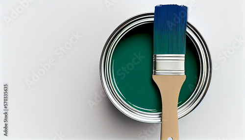 Grüner Farbtopf mit Pinsel isoliert auf weißen Hintergrund mit Platzhalter. Wandfarbe zum Renovieren - Generative Ai