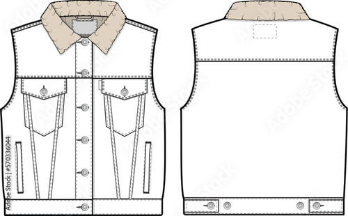 Women cropped denim jean jacket vest cutoff sleeveless slim fit Collared Flat Technical Drawing Illustration Blank Mock-up Template for Design and Tech Packs CAD Technical Sketch
