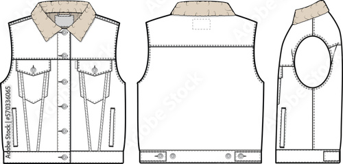 Women cropped denim jean jacket vest cutoff sleeveless slim fit Collared Flat Technical Drawing Illustration Blank Mock-up Template for Design and Tech Packs CAD Technical Sketch
