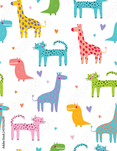 Colorful Safari Animals Vector Seamless Pattern with Giraffe, Leopard, Crocodile and Hearts isolated on a White Background. Toy Animals Repeatable Print with ideal for Fabric, Wrapping Paper.