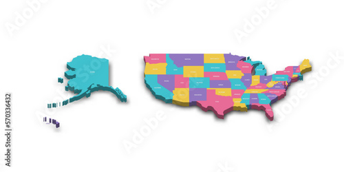 United States of America political map of administrative divisions - states and federal district Washington, D.C. Colorful 3D vector map with dropped shadow and country name labels.