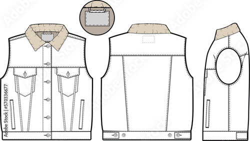 Women sherpa denim vest trucker vector flat technical drawing illustration mock-up template for design and tech packs fashion CAD streetwear fashion brand design tool resource file regular fit.