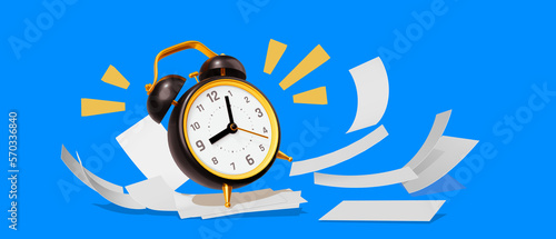 3d illustration of black retro alarm clock with arrow on blue color background with office paper. 3d style design photo