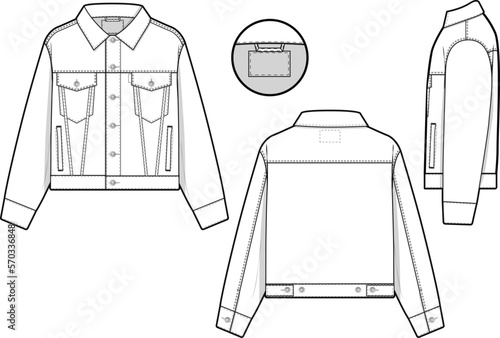 Men unisex cropped denim jean jacket trucker vector flat technical drawing illustration mock-up template for design and tech packs fashion CAD streetwear fashion brand design resource file slim.
