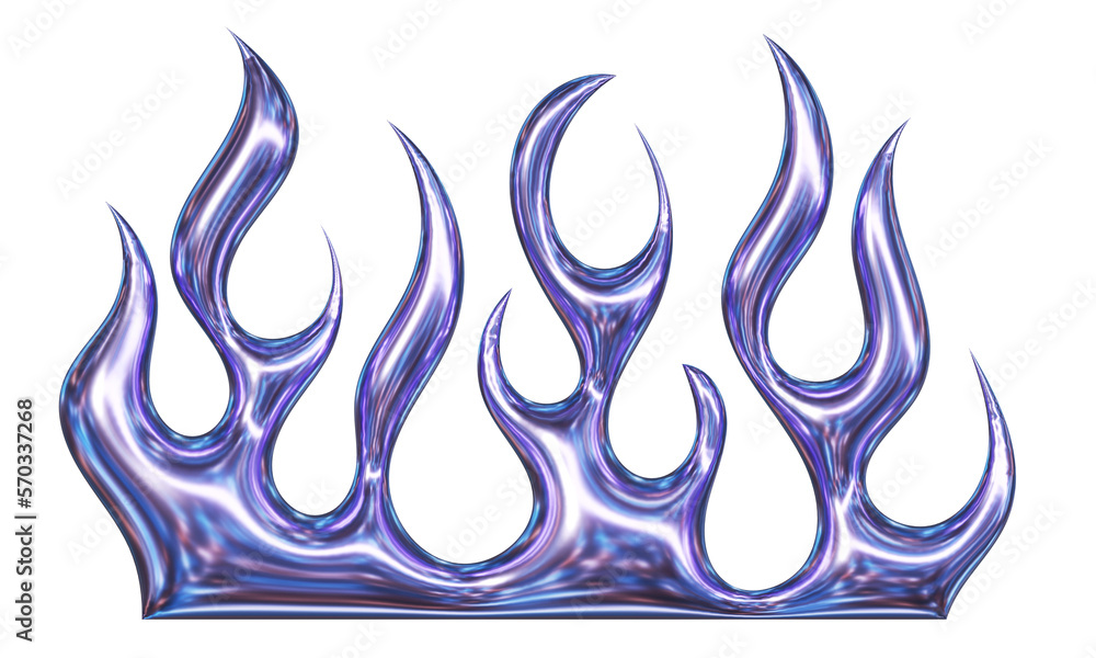 3d chrome metal of y2k fire icon. Flame shape in liquid mercury. 3d
