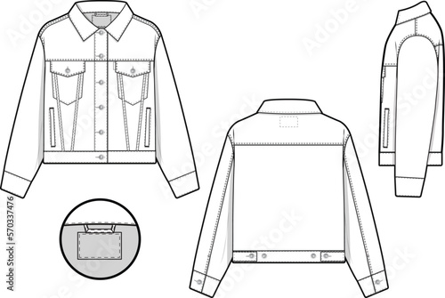 Women cropped denim jean jacket trucker vector flat technical drawing illustration mock-up template for design and tech packs fashion CAD streetwear fashion brand design resource file slim.