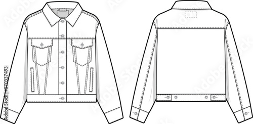 Women cropped denim jean jacket trucker vector flat technical drawing illustration mock-up template for design and tech packs fashion CAD streetwear fashion brand design resource file slim.