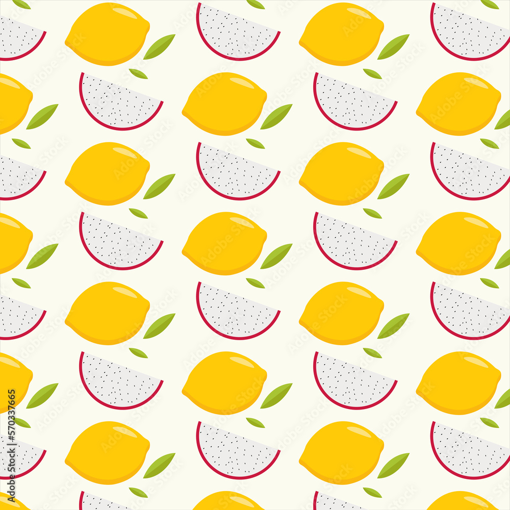 Pattern on a light background lemon dragon fruit leaves.