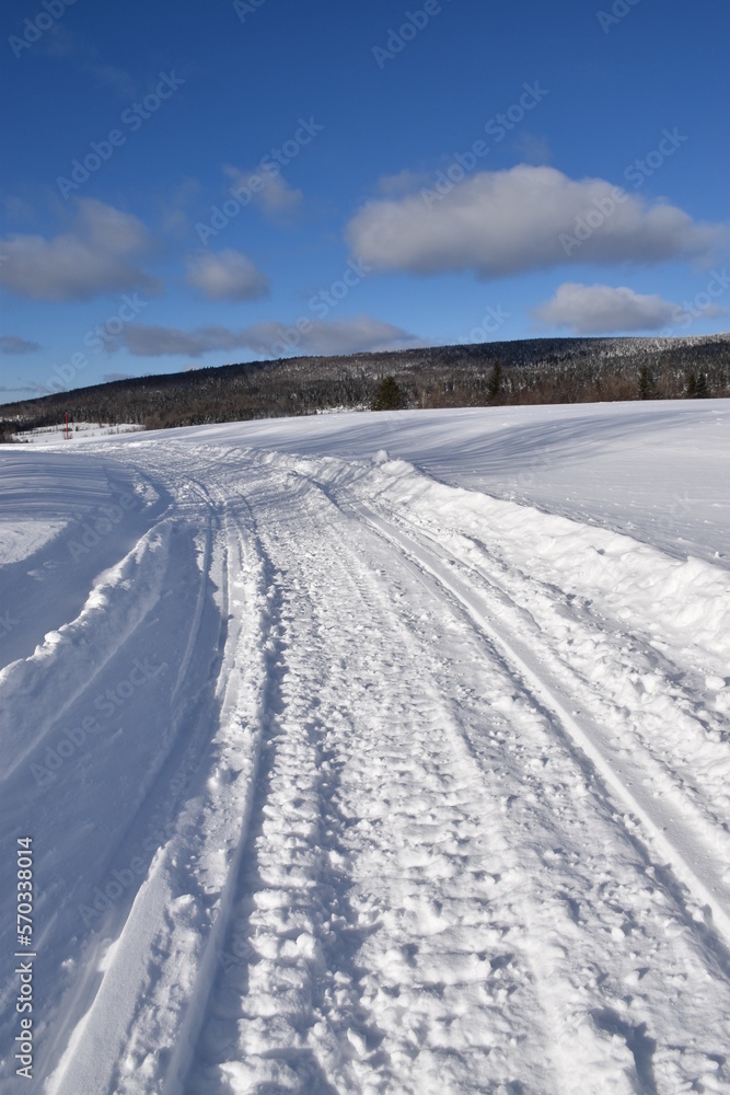 A snowmobile trail in a field, Québec, Canada