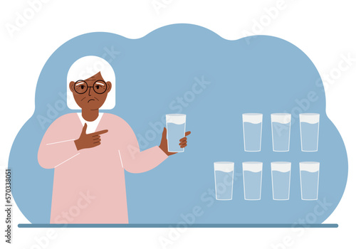 The woman is holding a glass of water. Water balance infographic. 8 glasses of water every day. Healthy lifestyle.