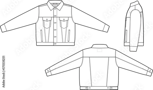 Men unisex oversized baggy denim jean jacket trucker vector flat technical drawing illustration mock-up template for design and tech packs fashion CAD streetwear fashion brand design resource file.