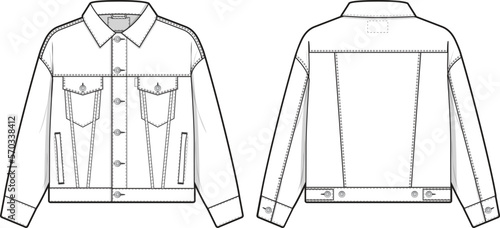 Men unisex regular fit denim jean jacket trucker vector flat technical drawing illustration mock-up template for design and tech packs fashion CAD streetwear fashion brand design resource file.