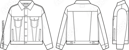Men unisex regular fit denim jean jacket trucker vector flat technical drawing illustration mock-up template for design and tech packs fashion CAD streetwear fashion brand design resource file.