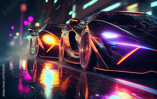Sport car racing in futuristic city with neon lights. Generative AI.