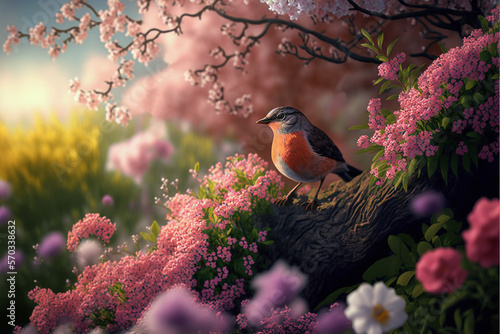 Beautiful little bird robin, sits on a branch of a blooming tree with pink flowers in a sunny spring garden, illustration created with Generative AI technology