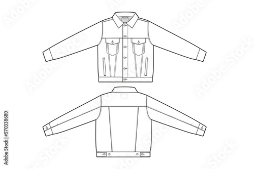 Men unisex regular fit denim jean jacket trucker vector flat technical drawing illustration mock-up template for design and tech packs fashion CAD streetwear fashion brand design resource file.