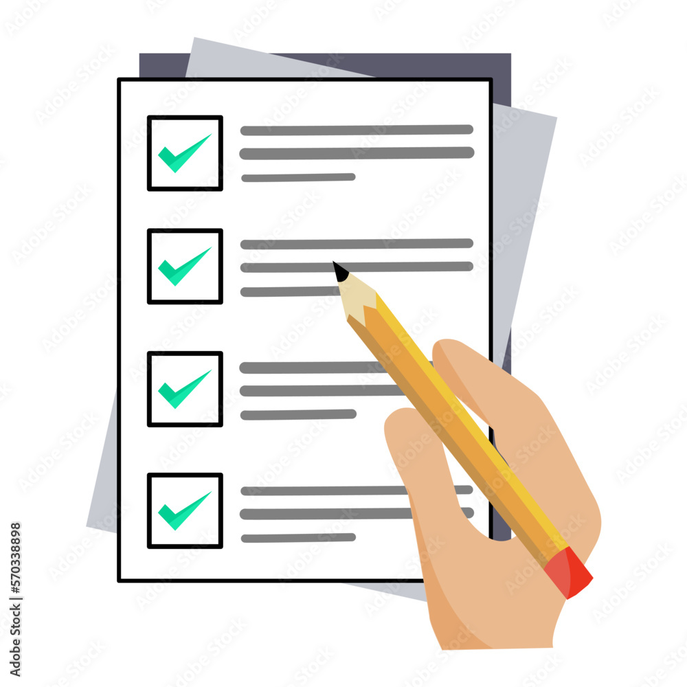 Cartoon checklist with green check marks on paper survey, vector illustration Cartoon checklist with green check marks on paper survey, vector illustration