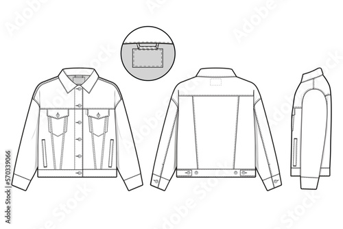 Women regular fit denim jean jacket trucker vector flat technical drawing illustration mock-up template for design and tech packs fashion CAD streetwear fashion brand design resource file.
