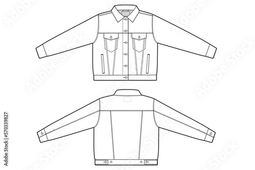 Women oversized baggy denim jean jacket trucker vector flat technical drawing illustration mock-up template for design and tech packs fashion CAD streetwear fashion brand design resource file.
