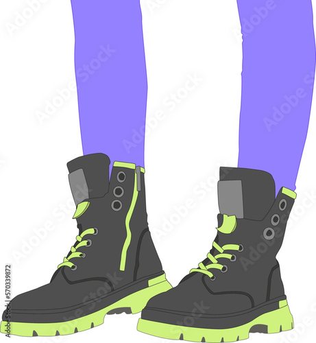 Fashionable black combat boots. Travel boots shoes. High boots with laces. Vector isolated illustration. Light green platform. For military, outdoor, and fashion design.