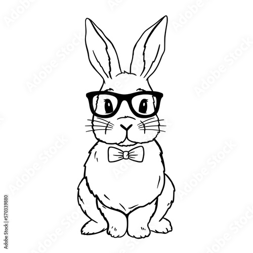 Cute Rabbit Line Art. Bunny with bowtie and glasses. Easter Bunny Boy. Bunny sketch vector illustration. Good for posters, t shirts, postcards.