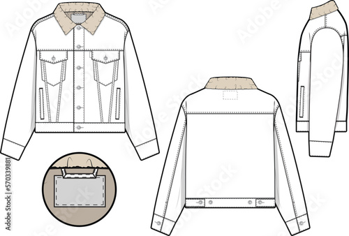 Men unisex cropped sherpa denim jean jacket trucker vector flat technical drawing illustration mock-up template for design and tech packs fashion CAD streetwear fashion brand design resource file slim