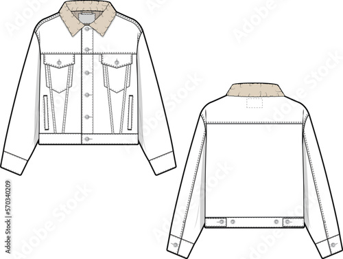 Men unisex cropped sherpa denim jean jacket trucker vector flat technical drawing illustration mock-up template for design and tech packs fashion CAD streetwear fashion brand design resource file slim