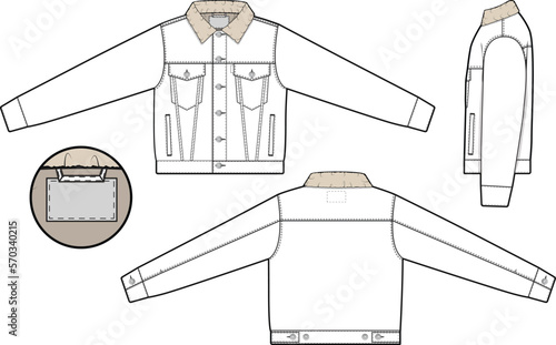 Men unisex cropped sherpa denim jean jacket trucker vector flat technical drawing illustration mock-up template for design and tech packs fashion CAD streetwear fashion brand design resource file slim