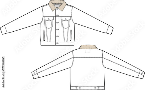 Men unisex cropped sherpa denim jean jacket trucker vector flat technical drawing illustration mock-up template for design and tech packs fashion CAD streetwear fashion brand design resource file slim