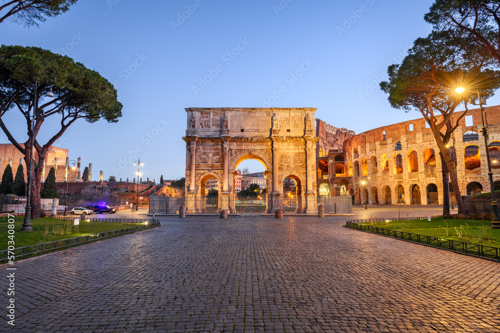 Rome, Italy at the Arch of Constantine and the Colosseum