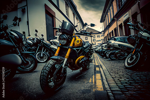 Motorcycles group parking on city street during adventure journey. Motorcyclists community travel concept.