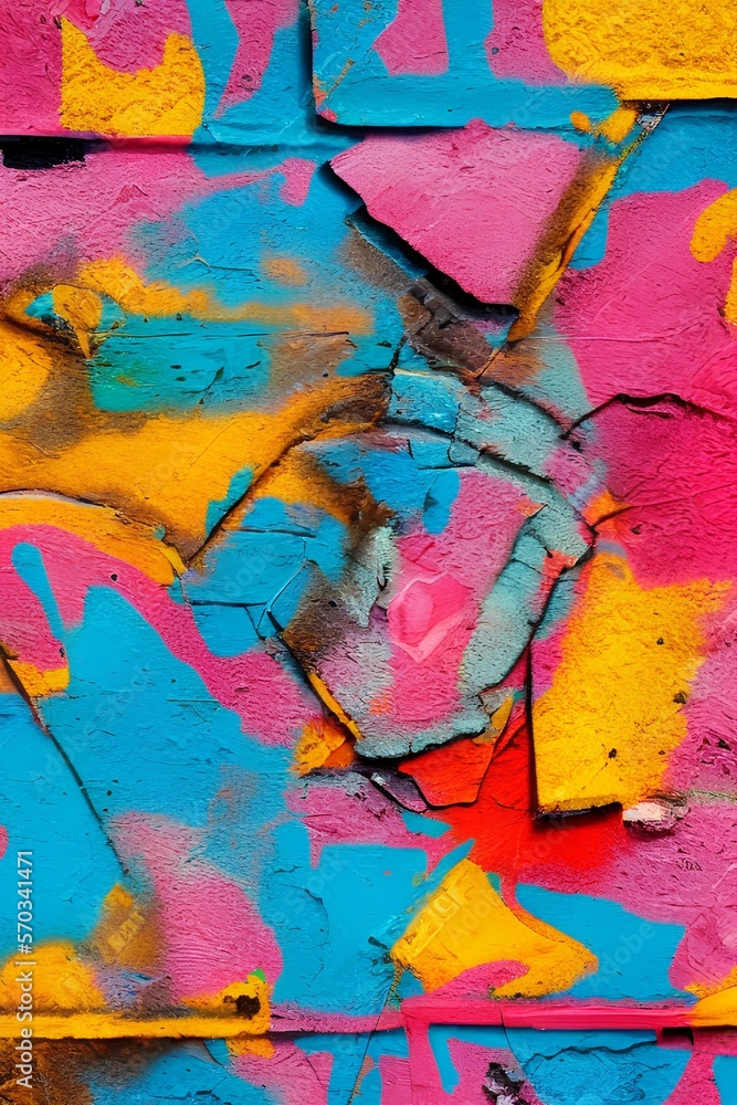 Graffiti bright colored old plastered. Closeup of colorful messy painted urban wall texture. Modern pattern for wallpaper design. Creative urban city background. - generative ai