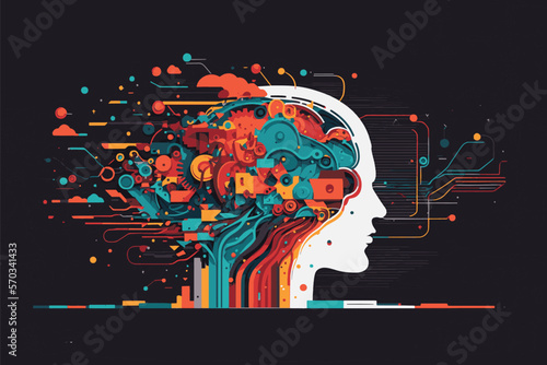  2D flat illustration, AI, analysis, AI, automation, big data, brain, business, cg, cloud computing, communication, computer graphics, concept, creative, cyber, deep learning, digital transformation ,