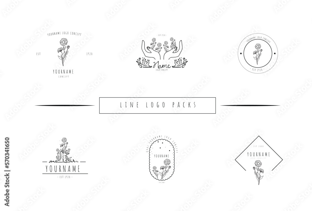 Upgrade Your Brand with Our Vector Simple Black and White Hand-Drawn Daisy Line Logo Collection - Get 6 Customizable Logos with a Chic and Elegant Design. Perfect for Small Businesses and Startups Loo