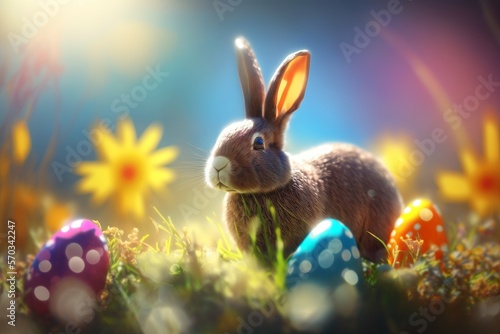 Easter postcard, blurred spring background, sunny spring day, shiny bokeh, AI generated