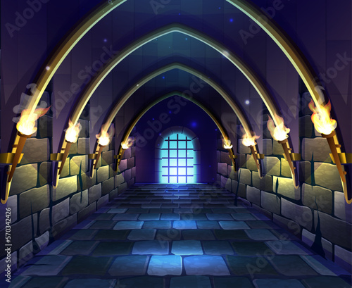 Vector cartoon style illustration. Old medieval castle dungeon hall with flame light torches and spooky caged door.